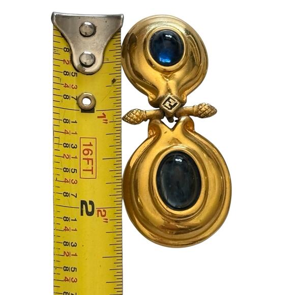 Fendi Blue Gripoix Cabochon Clip Earrings Large Double Dangle Logo 18kt GP - Picture 4 of 12